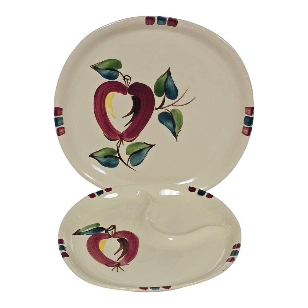 Purinton Apple Pattern Snack Plate & Dinner Plate 1950s Slip Ware Hand Painted
